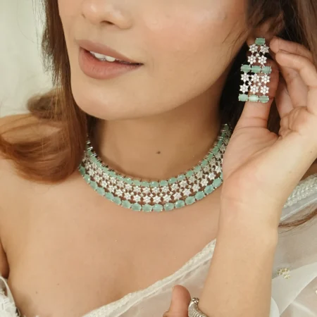 American Diamond Stylish Chokar Set Sky Blue