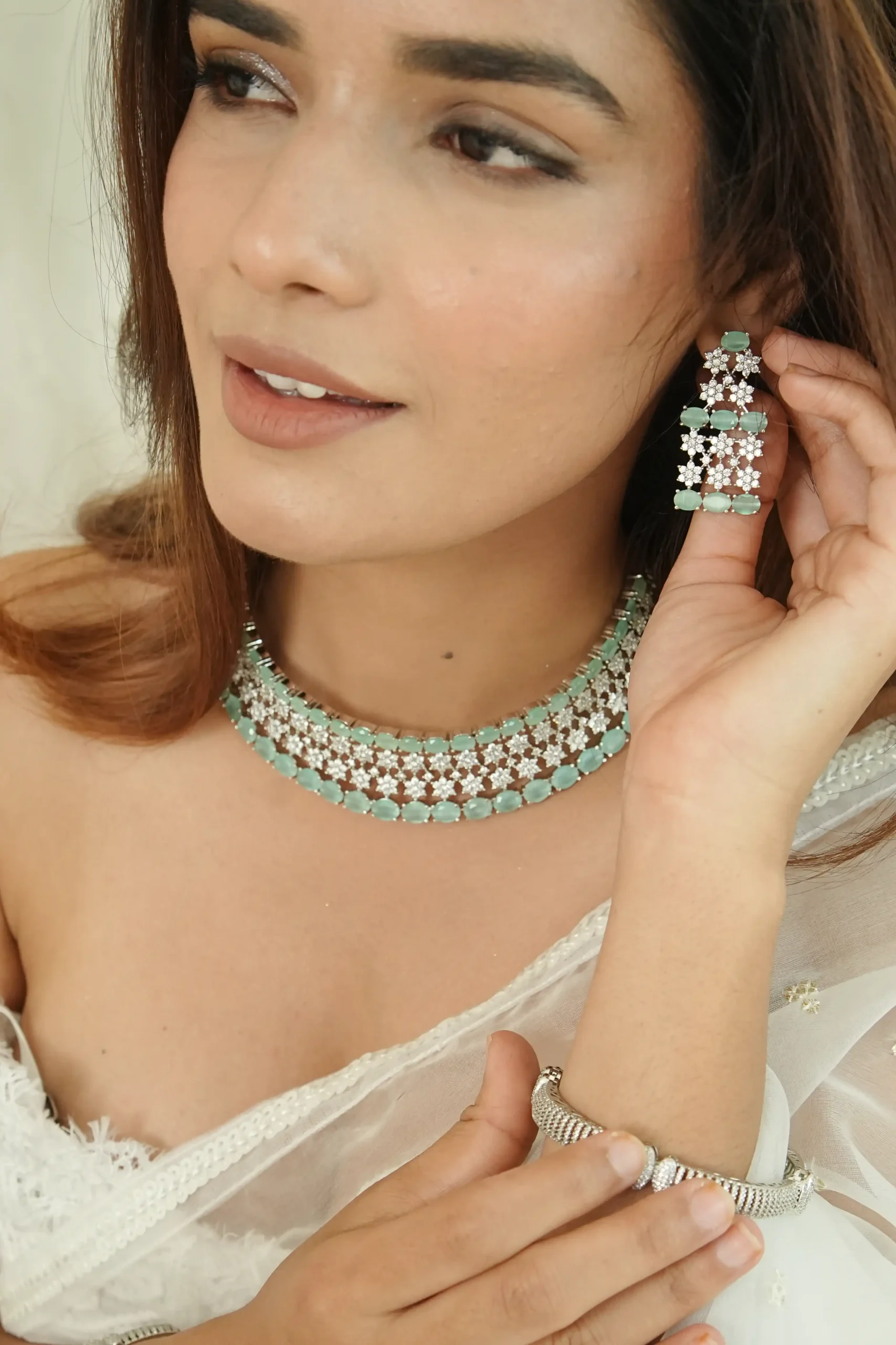 American Diamond Stylish Chokar Set Sky Blue