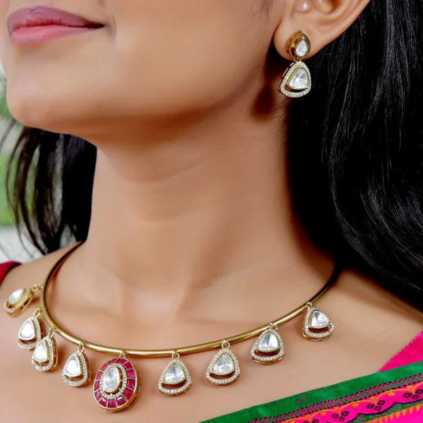 Hasli Red Kundan Embellished Gold Plated Necklace Set