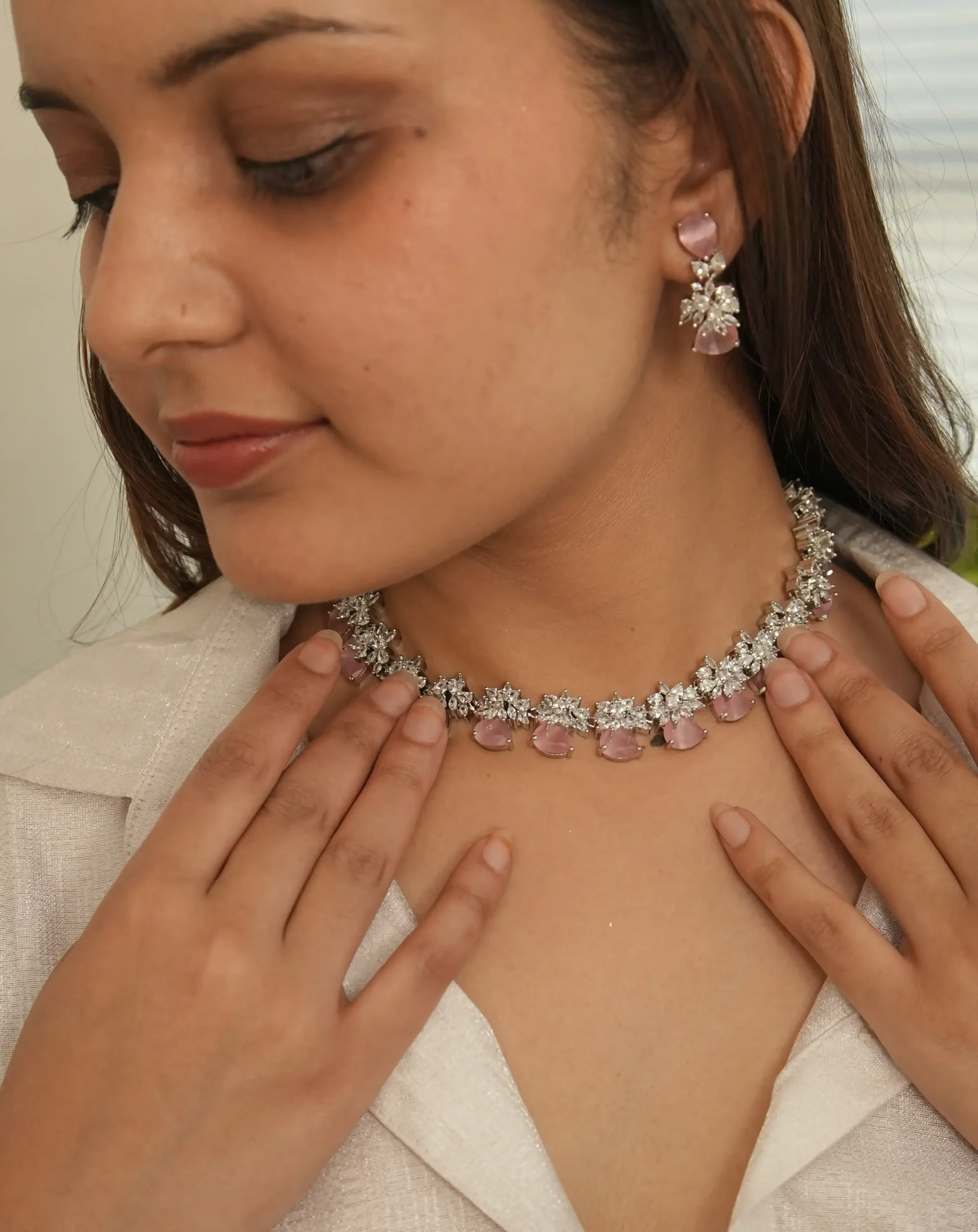 Elegant Pink Crystal Drop Necklace Set
