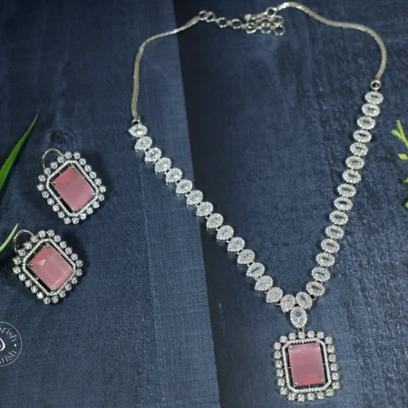 American Diamond Studded Necklace Set (Pink)