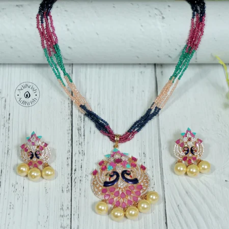 Gold Plated Peacock Multi Stone Beaded Pendant Set