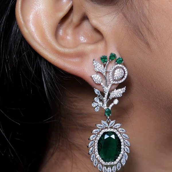 Oval Silver Plated Designer Earrings (Green )