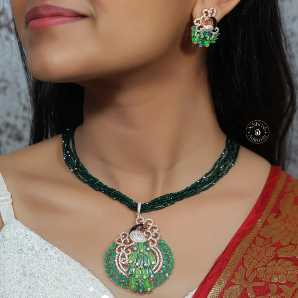 Gold Plated Peacock Green Stone Beaded pendant Set