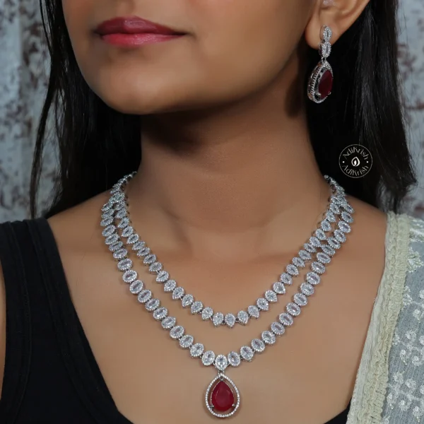 Classic Double Layered American Diamond Necklace Set (Red)