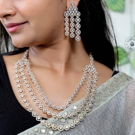 Gold Plated Three Layered American Diamond Necklace Set