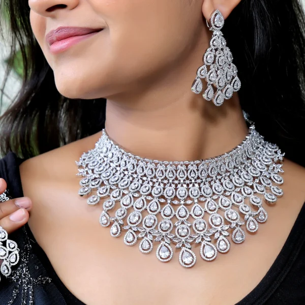 Rhodium Plated American Diamond Designer Necklace Set