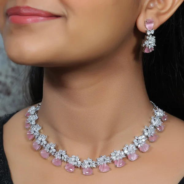 Floral American Diamond Necklace Set (Pink)