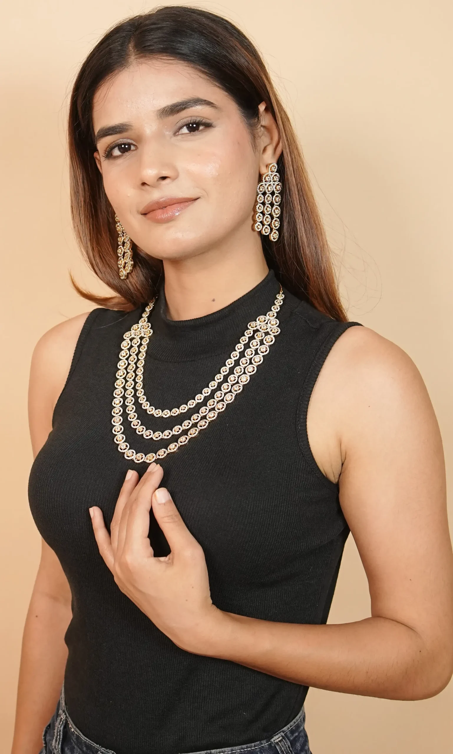 Gold Plated Three Layered American Diamond Necklace Set