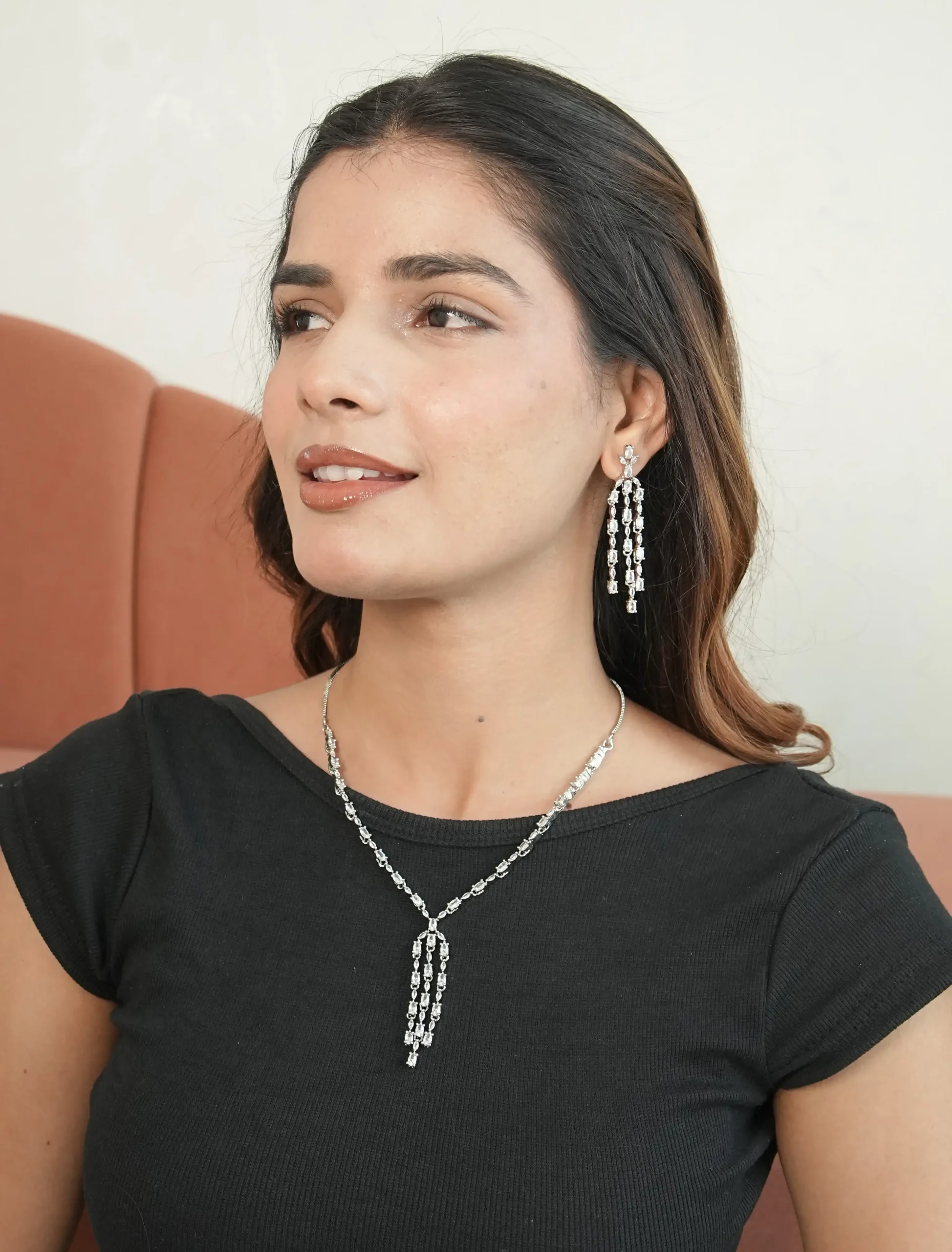 Elegant Crystal Drop Tassel Necklace Set