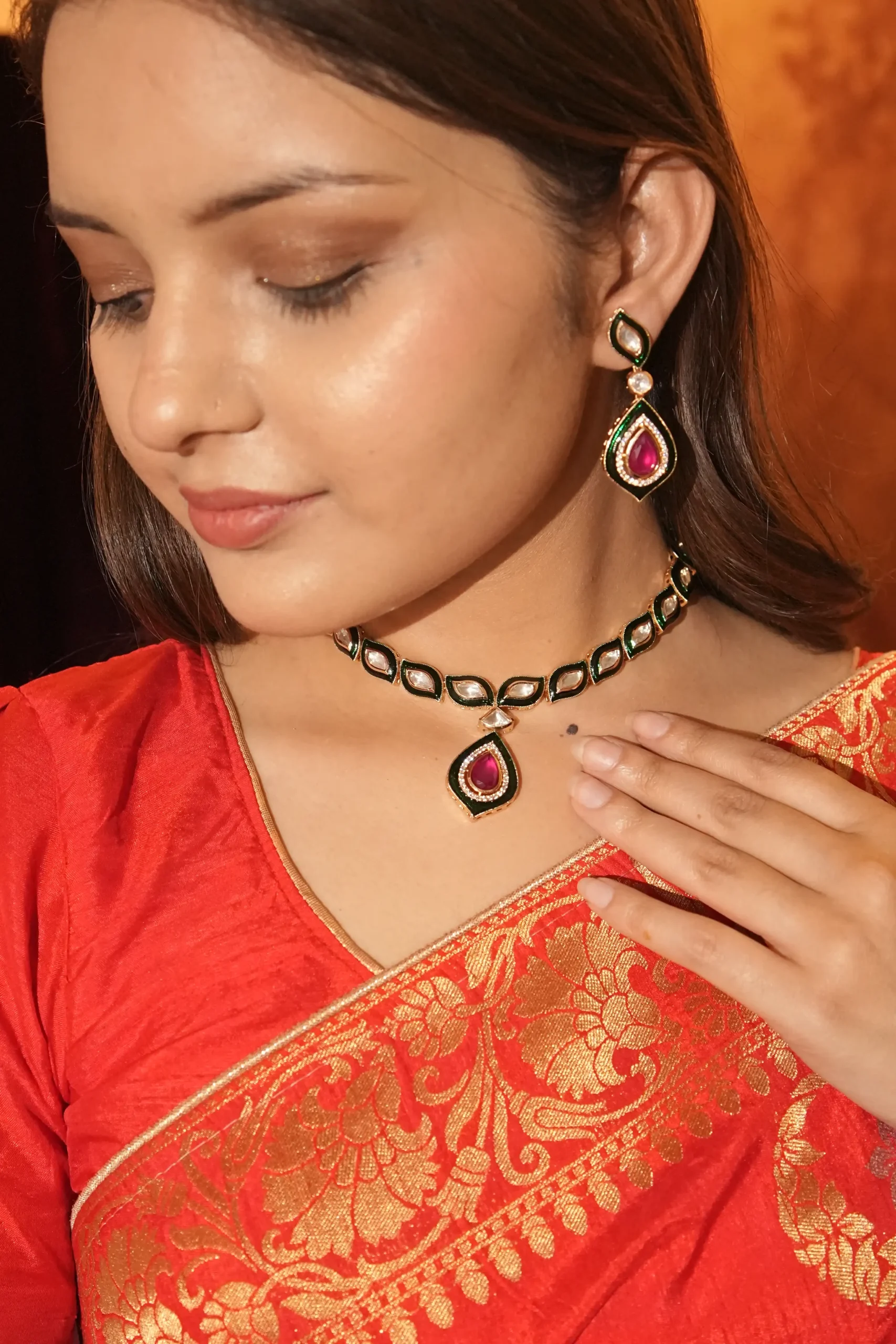 Kundan Meena Regal Red Aura Necklace Set