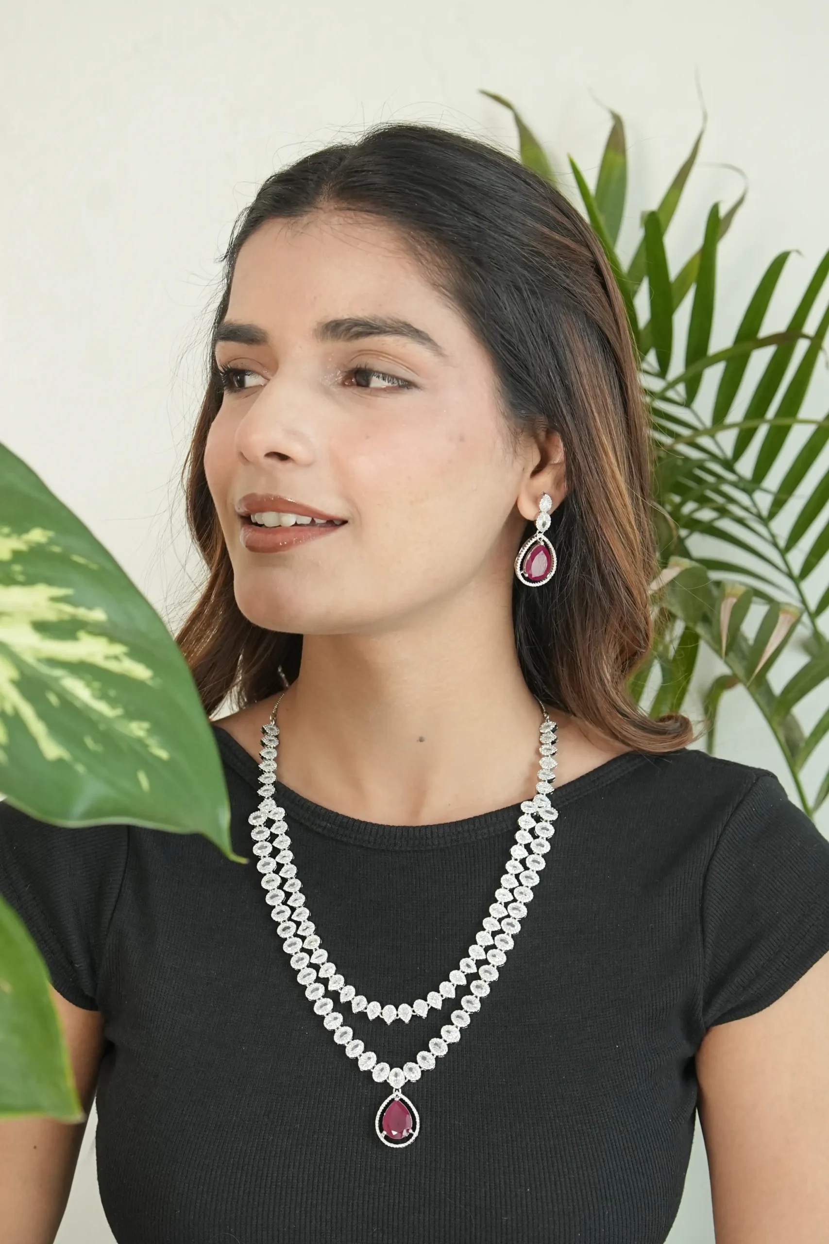 Classic Double Layered American Diamond Necklace Set (Red)