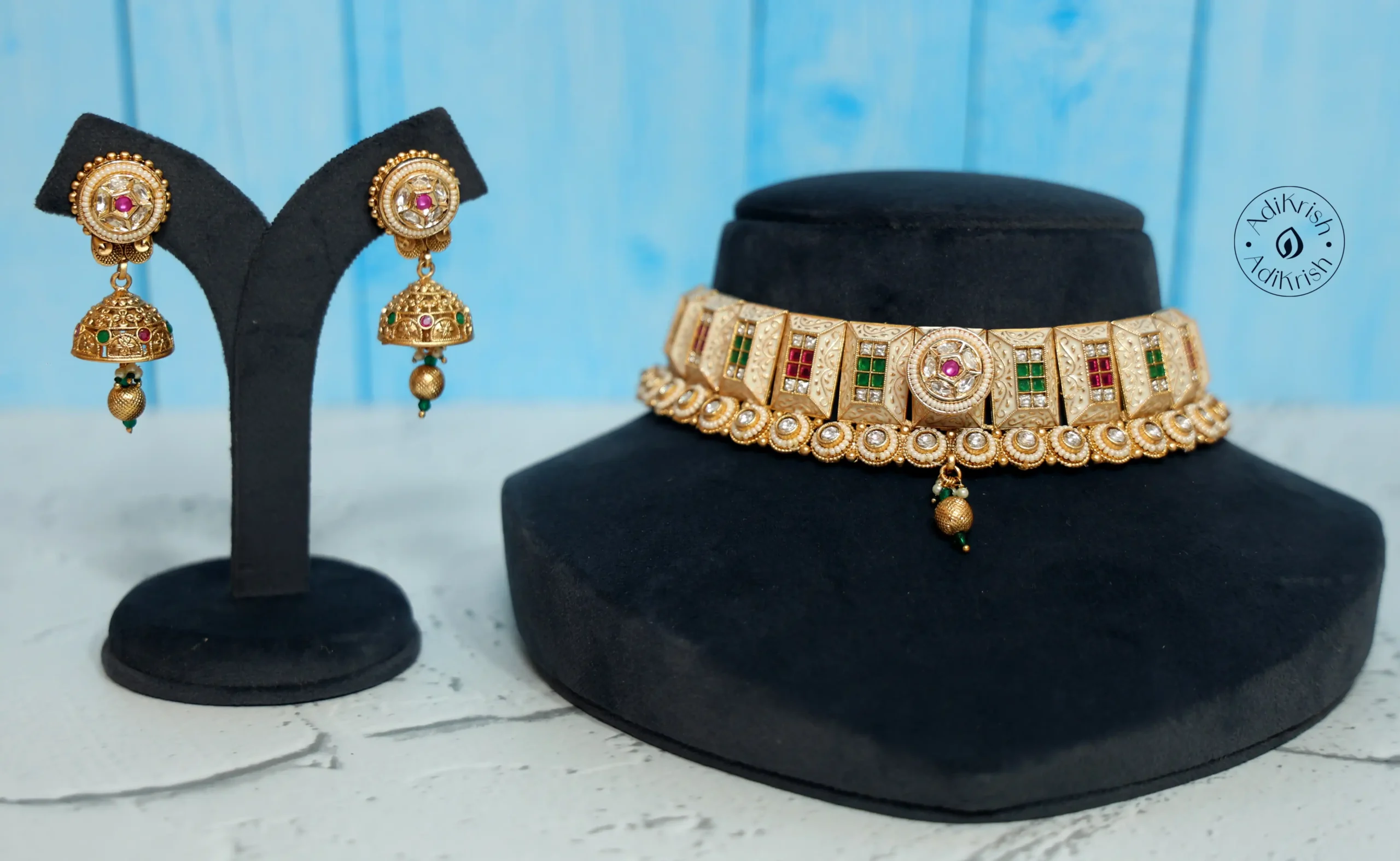 Traditional Meenakari Polki Kundan Chokar Necklace Set