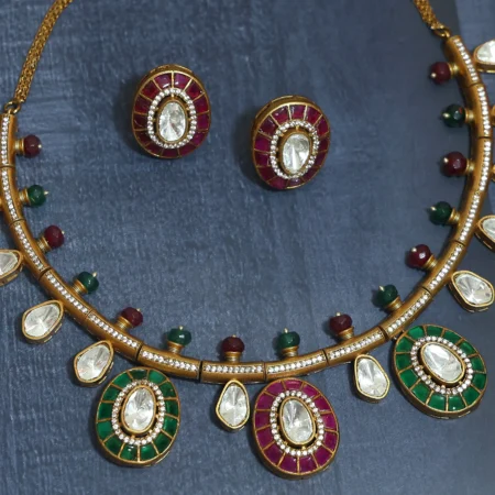 Ruby Emerald Polki Kundan Hasli Chokar Necklace Set