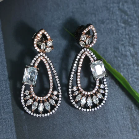 Oxidise Rhodium Plated Earrings With Clear Crystral