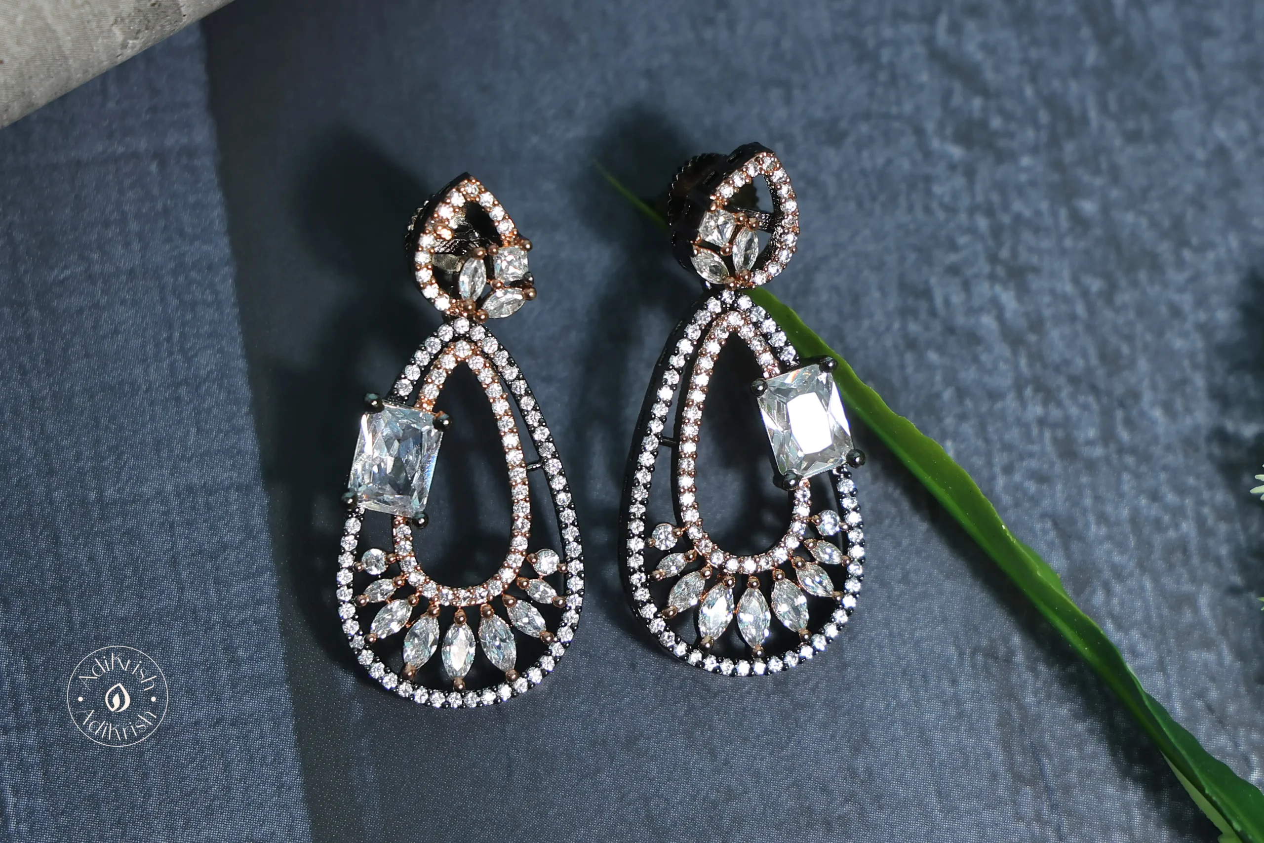 Oxidise Rhodium Plated Earrings With Clear Crystral