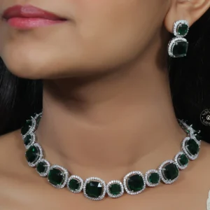 American Diamond Cushion Cut Square Style Necklace Set