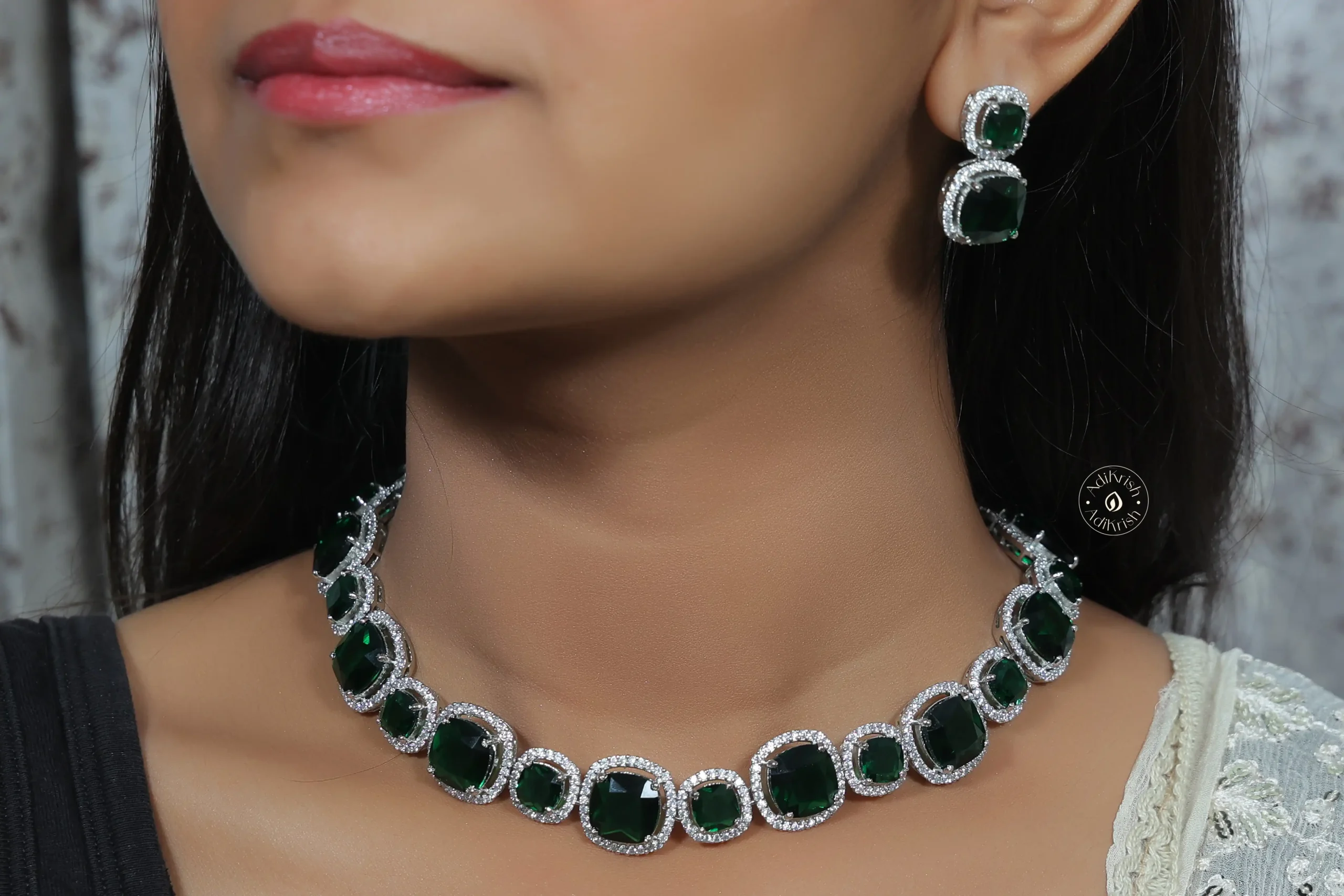 American Diamond Cushion Cut Square Style Necklace Set