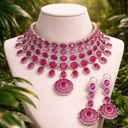 White Finish Pink Stones American Diamond Necklace Set