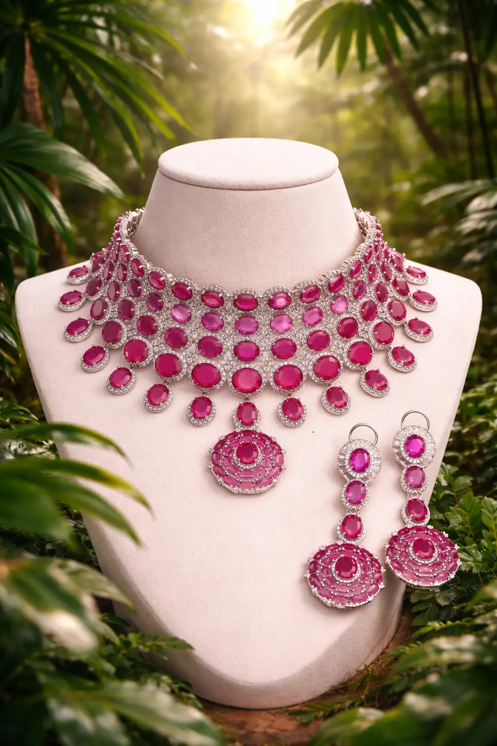 White Finish Pink Stones American Diamond Necklace Set