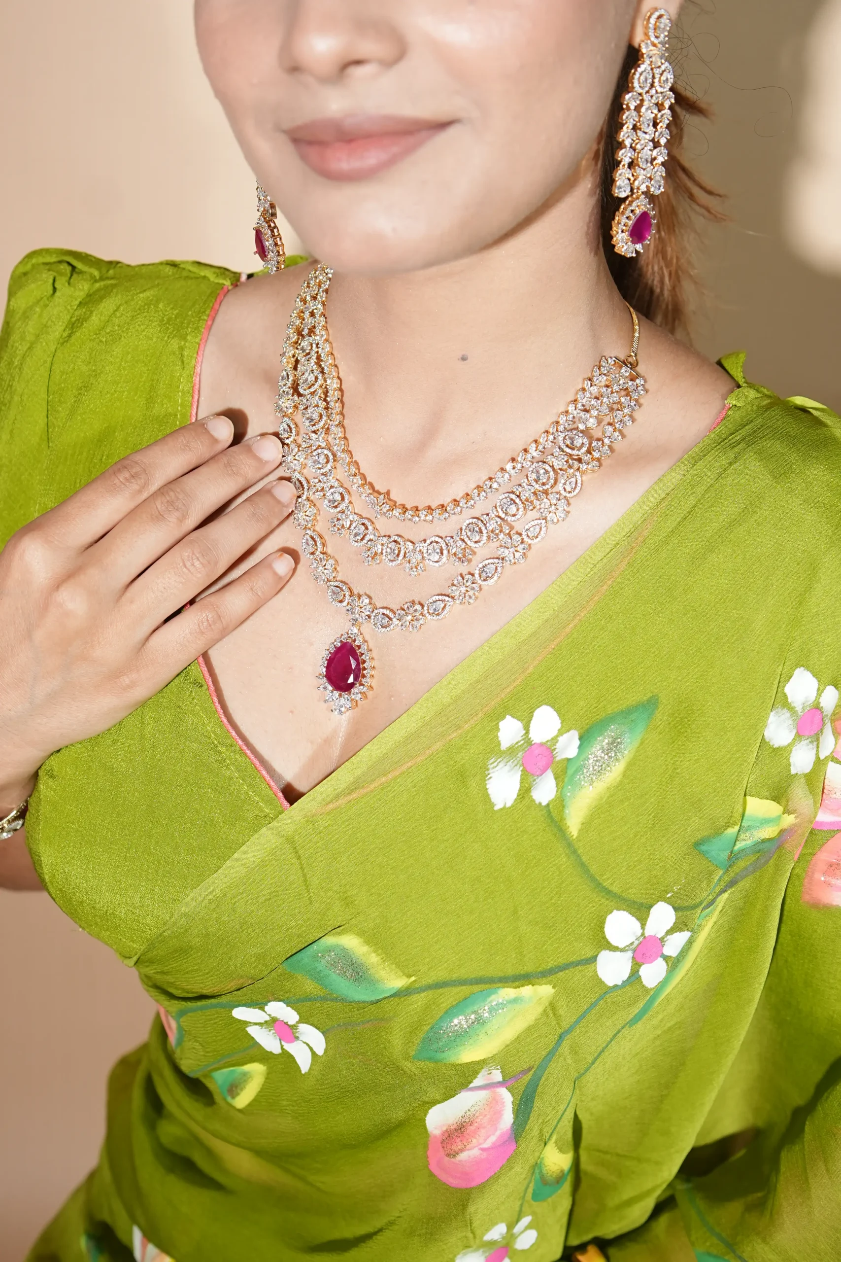 Gold Plated American Diamond Layered Necklace Set