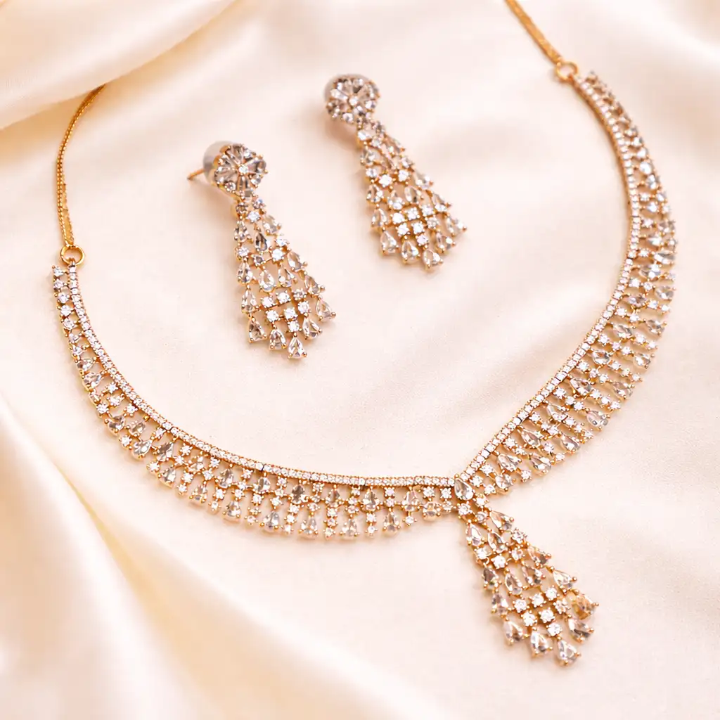 Luxe V-Cascade American Diamond Necklace Set