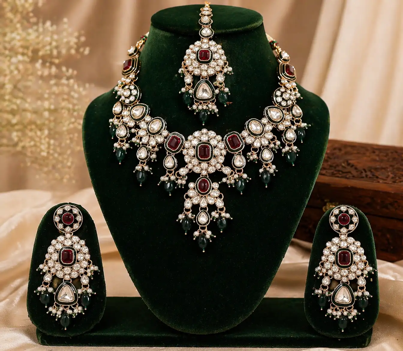 Heritage Polki Kundan Royal Set (Maroon & Green)